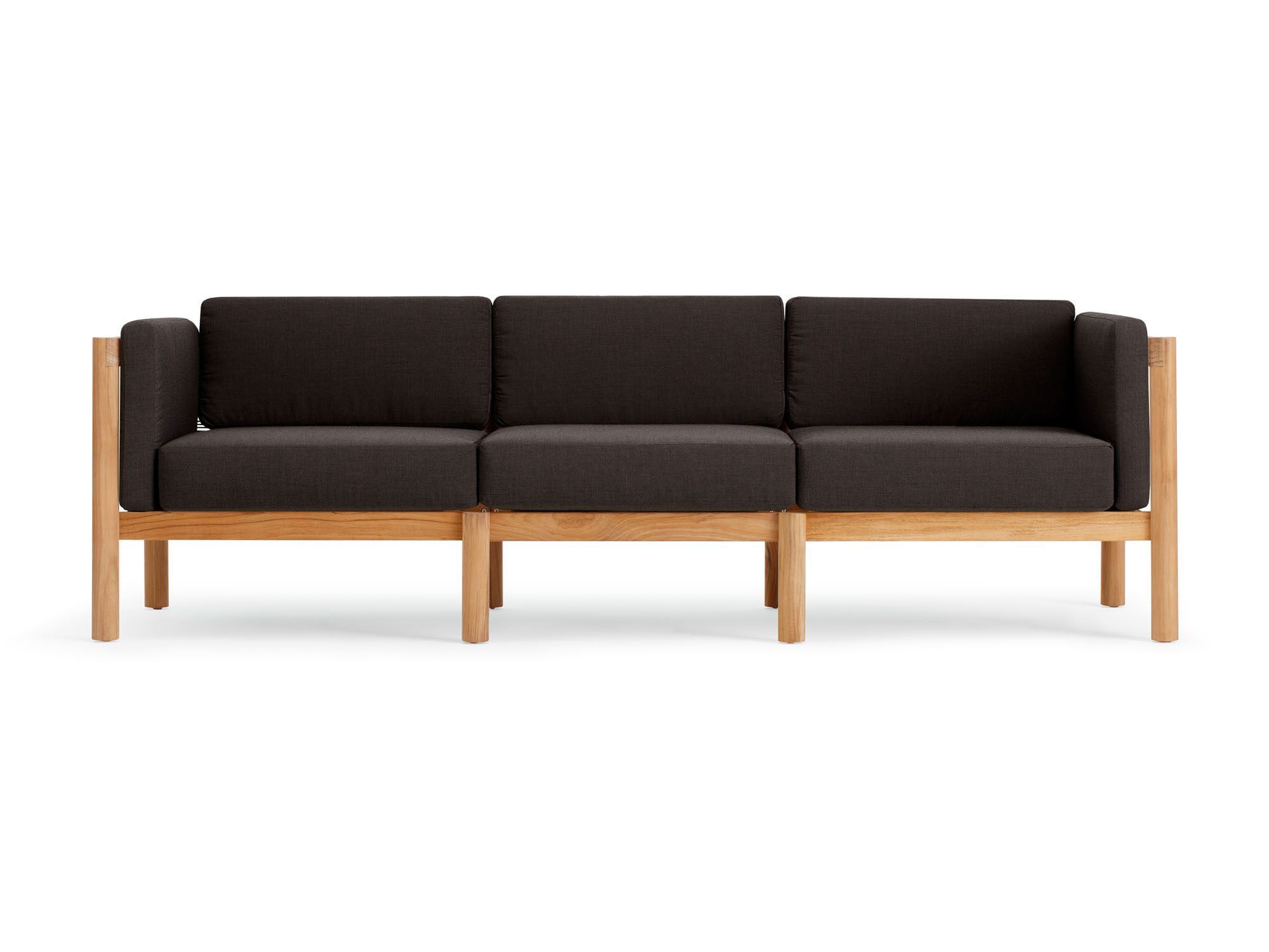 Front view of outdoor sofa with black arm cushions
